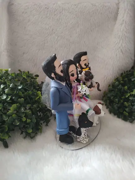Topo de Bolo Casamento com 3 Pets ,filho e Véu da com Led