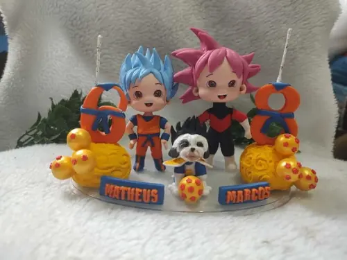 Topo de Bolo para Irmãos no Tema Goku com Pet