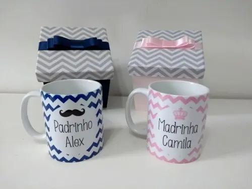 Convite Padrinho e Madrinha de Batismo - Caixas e Canecas