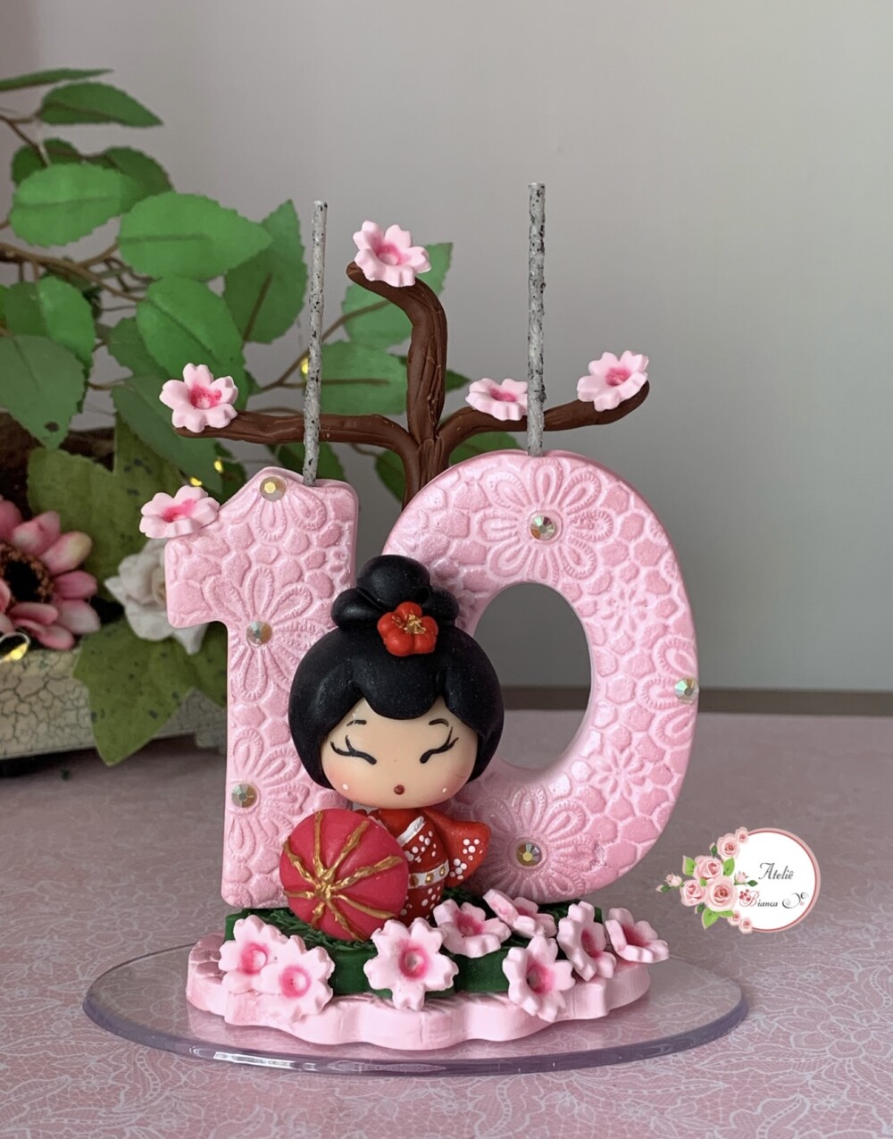 Topo de Bolo Kokeshi 10 Anos em Biscuit Personalizado