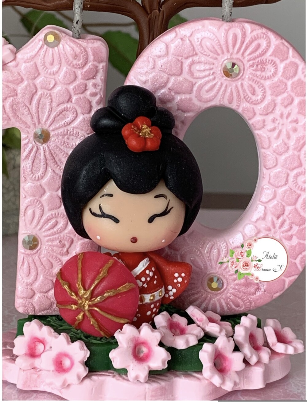 Topo de Bolo Kokeshi 10 Anos em Biscuit Personalizado