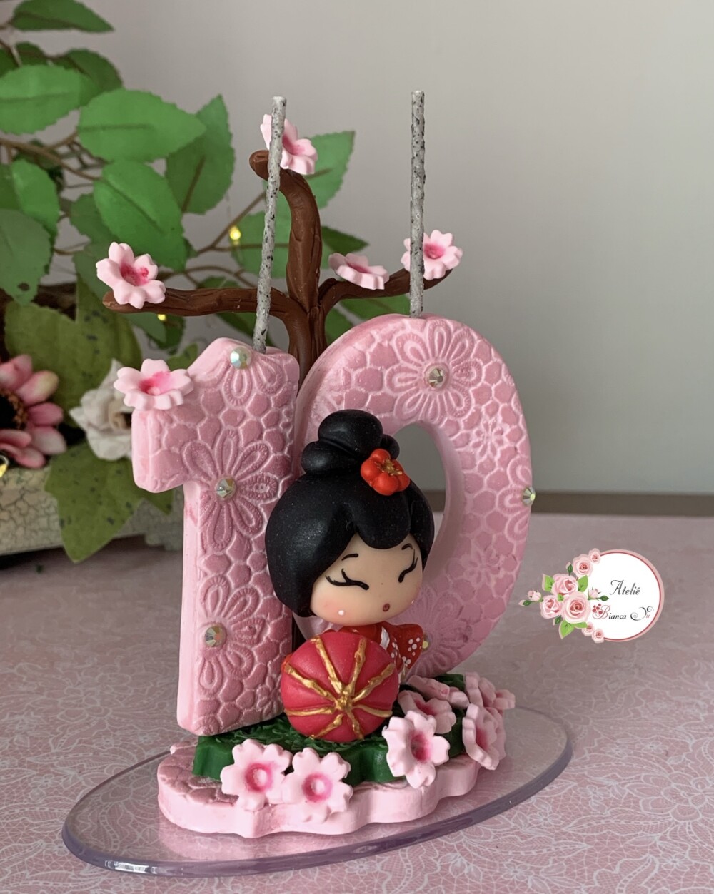 Topo de Bolo Kokeshi 10 Anos em Biscuit Personalizado