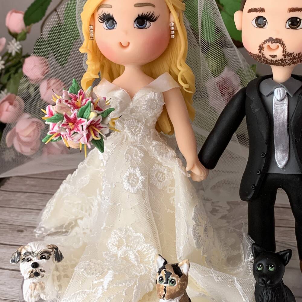 Topo de Bolo Noivinhos Personalizados em Biscuit com Pets