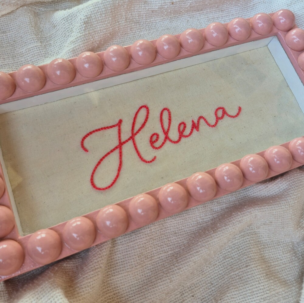 Quadro Nome Bordado Moldura Bolinhas Rosa Bubble
