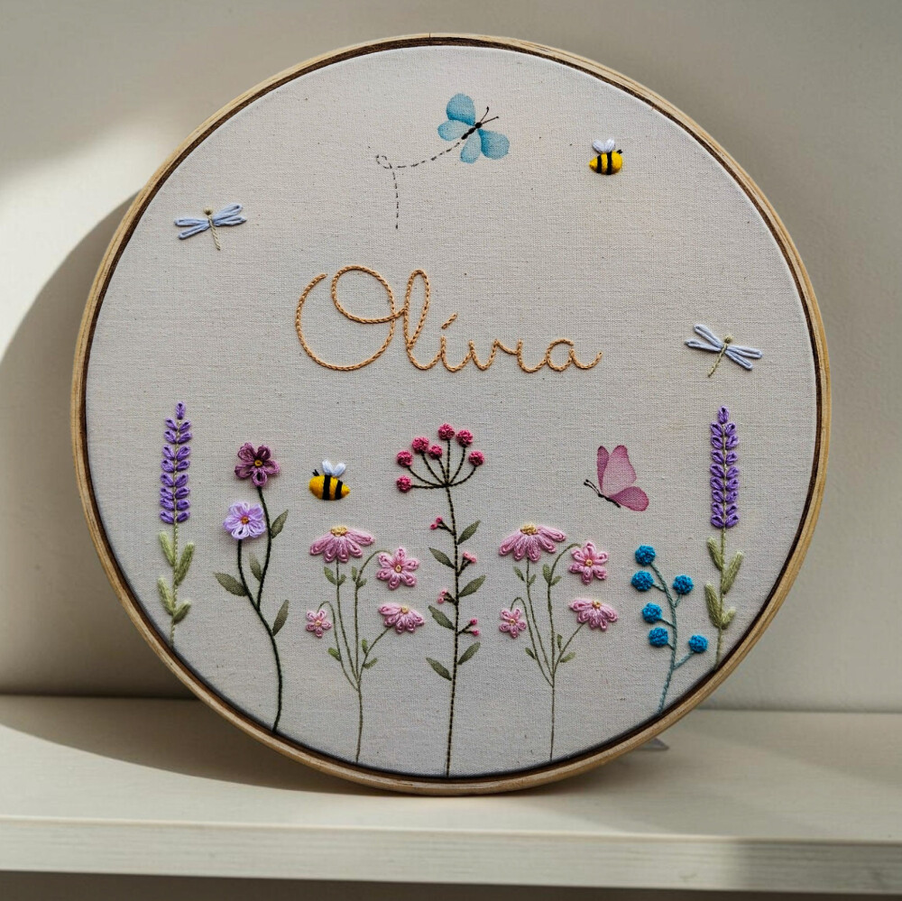 Porta Maternidade Menina Jardim Flores Aquarela e Bordado
