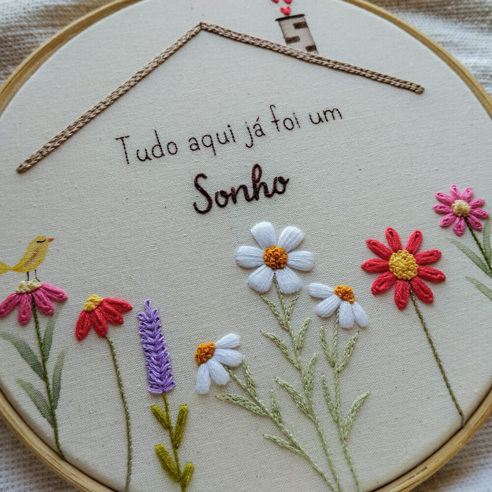 Quadro Bordado à Mão Frase Tudo Aqui Já Foi Um Sonho