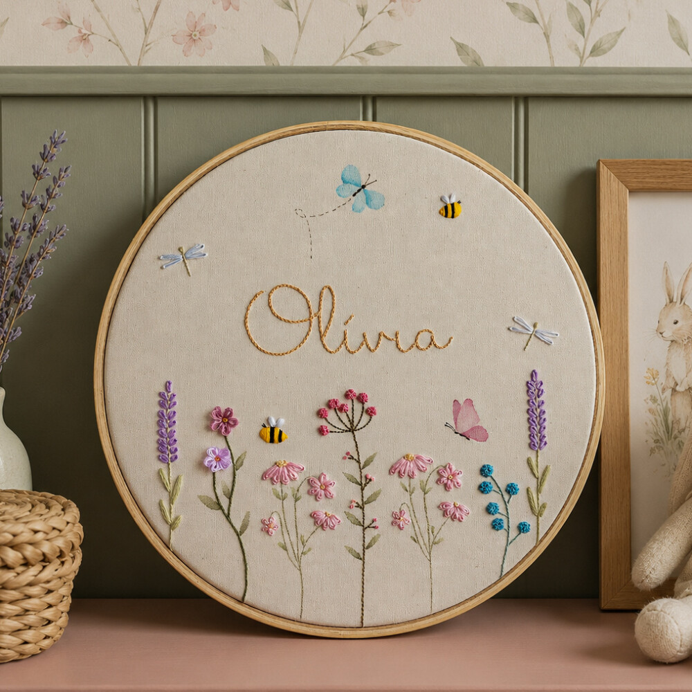 Porta Maternidade Menina Jardim Flores Aquarela e Bordado à Mão