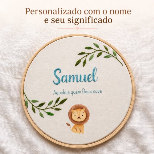 Porta Maternidade Menino Leão Bordado à Mão e Aquarela
