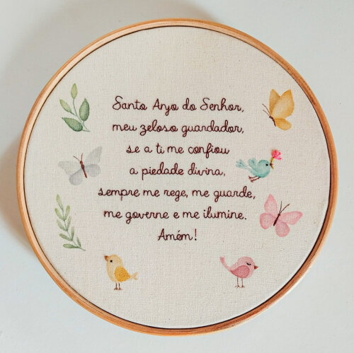 Quadro Infantil Oração Santo Anjo Com Bordado e Aquarela