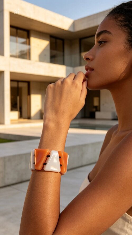 PULSEIRA ELASTICA DE RESINA BICOLOR - SERIE TRAPEZOIDAL DA RESINART ATELIÊ PIGMENTADO EM DIVERSAS CORES BICOLOR OU NÃO COM OPÇÃO COR TRANSLUCIDAS OU OPACAS BRILHANTE E EDIÇÃO LIMITADA