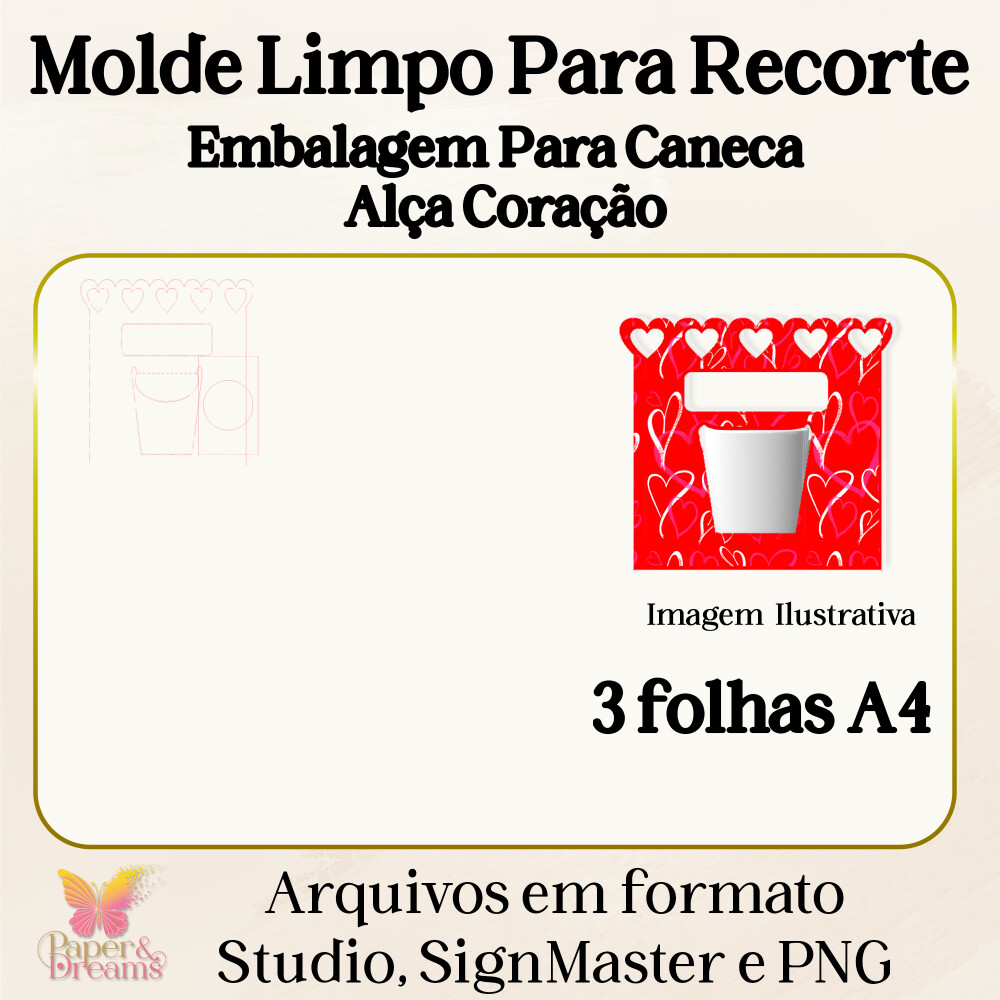 Arquivo de Corte Molde Limpo - Embalagem para Caneca Alça Coraç