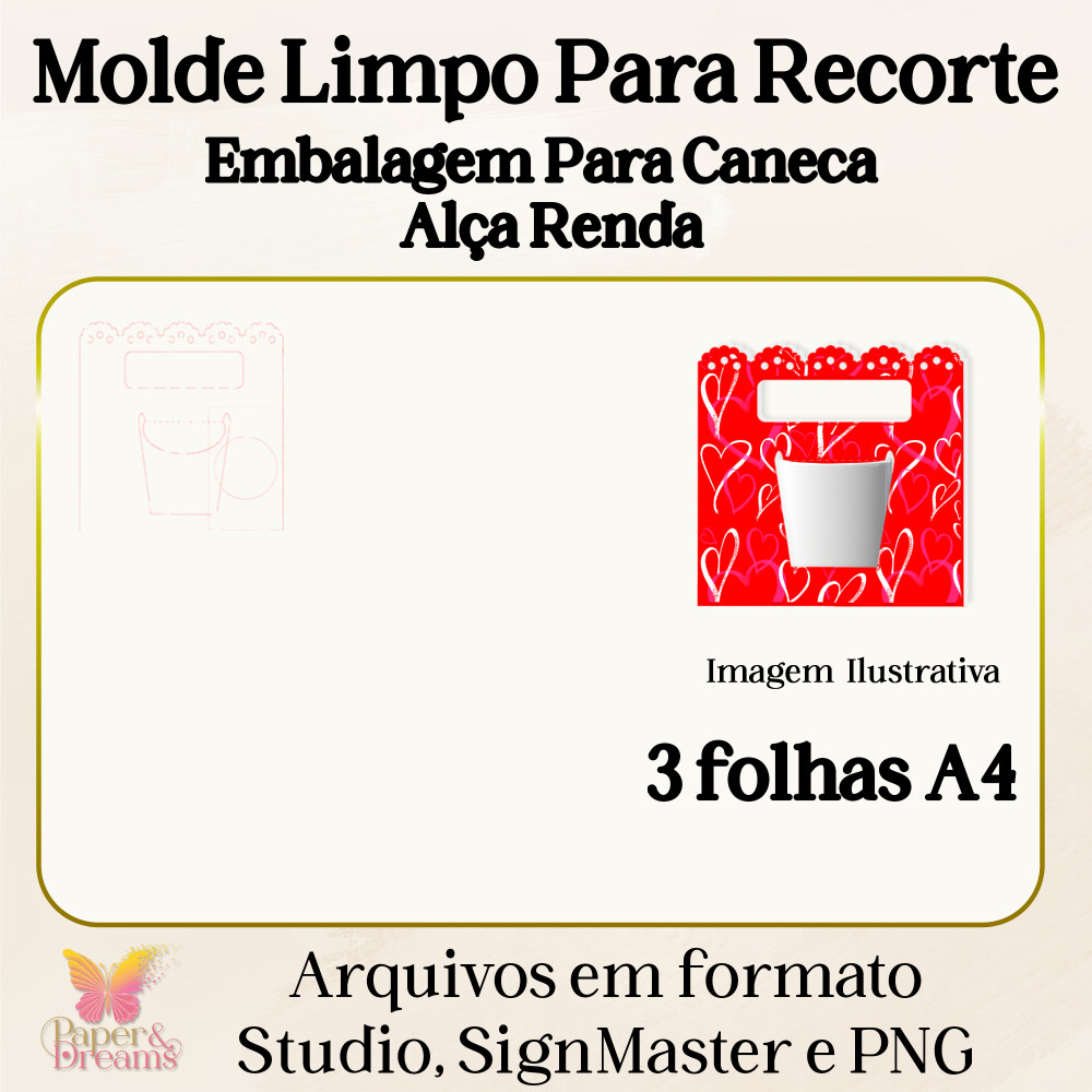Arquivo de Corte Molde Limpo - Embalagem para Caneca Alça Renda