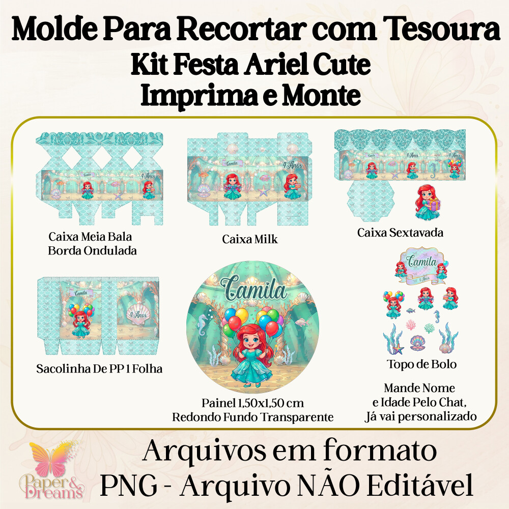 Arquivo Digital - Kit Festa Ariel Cute (Molde para Tesoura)