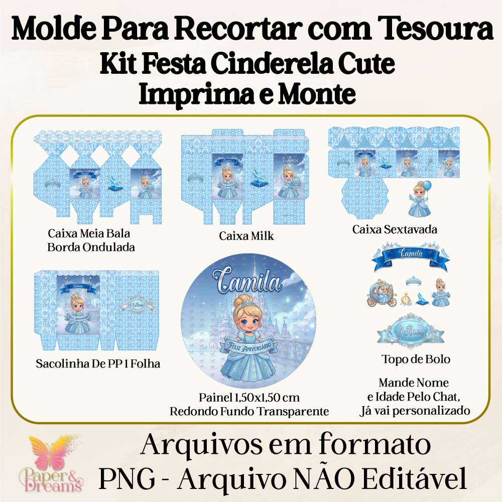 Arquivo Digital - Kit Festa Cinderela Cute (Molde para Tesoura)