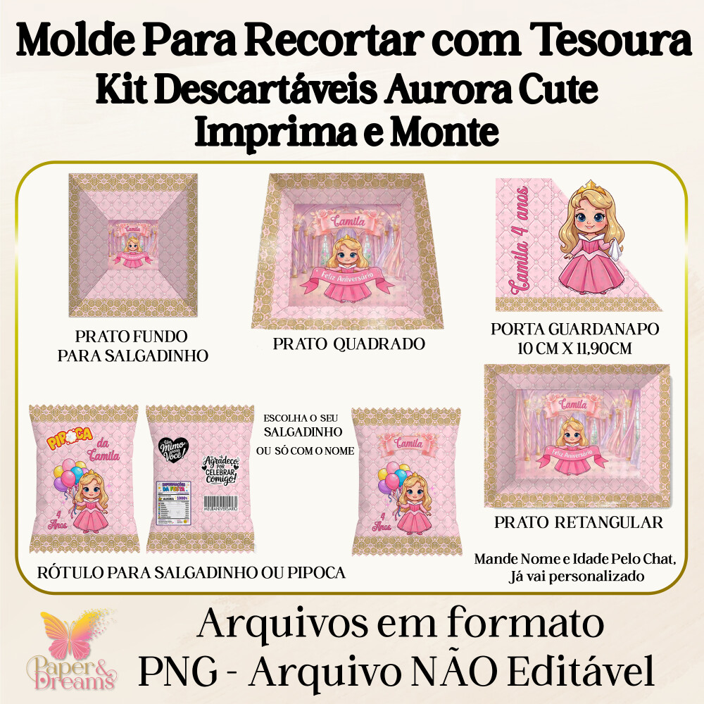 Arquivo Digital - Kit Descartáveis Aurora Cute (Artes Prontas pa