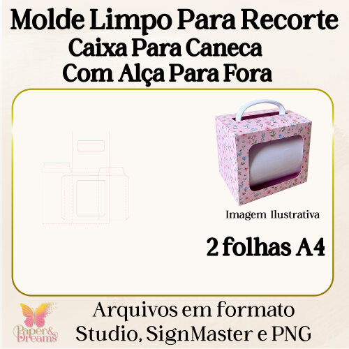 Arquivo de Corte Molde Limpo - Caixa para Caneca com Alça para Fora Studio, Signmaster e PNG