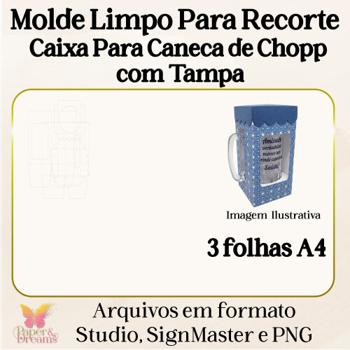 Arquivo de Corte Molde Limpo - Caixa para Caneca de Chopp com Tampa - Studio, Signmaster e PNG