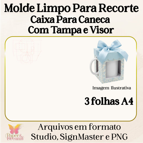 Arquivo de Corte Molde Limpo - Caixa para Caneca com Tampa e Visor - Studio, Signmaster e PNG
