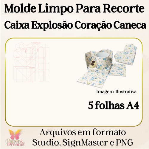 Arquivo de Corte Molde Limpo - Caixa Explosão Coração para Caneca - Studio, Signmaster e PNG