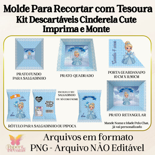 Arquivo Digital - Kit Descartáveis Cinderela Cute (Artes Prontas para Tesoura)