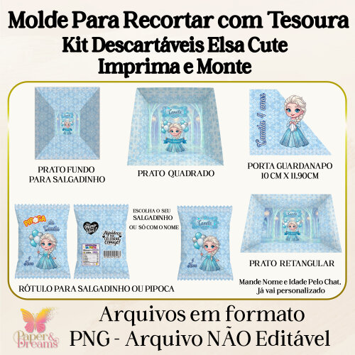 Arquivo Digital - Kit Descartáveis Elsa Cute (Artes Prontas para Tesoura)
