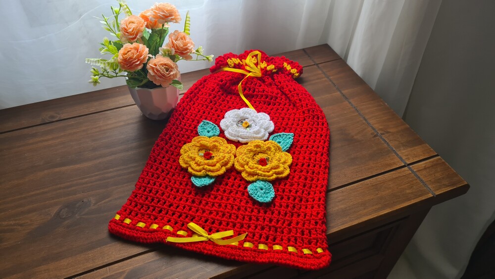 Puxa Saco + Porta Pão em Crochê Vermelho e Amarelo