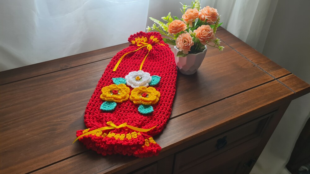Puxa Saco + Porta Pão em Crochê Vermelho e Amarelo