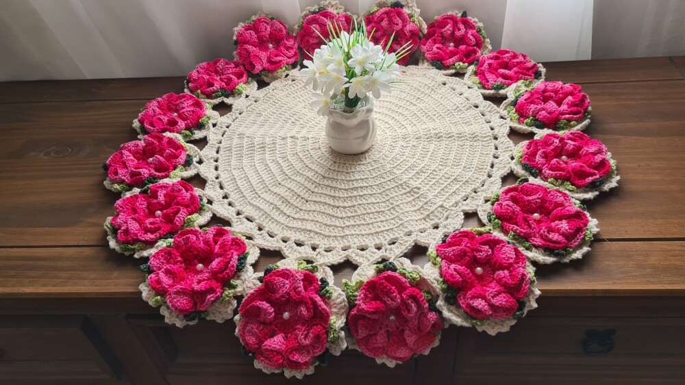 Centro de Mesa em Crochê Flores Rosa Pink