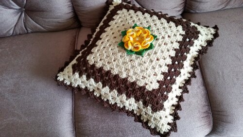 Capa para Almofada em Crochê com Moldura Marrom