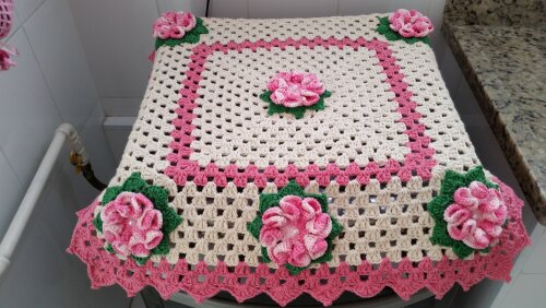 Capa de Crochê para Tampa de Fogão 4 Bocas Flores Rosa Mesclado