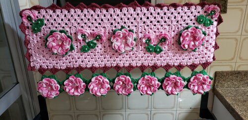 Capa para Encaixe em Crochê Tampa de Vidro Fogão 5 bocas Flores Rosa