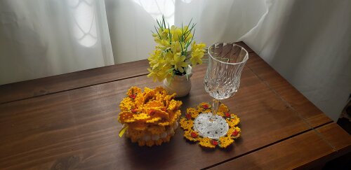 Cestinha Cobre Taça e Descanso Taça em Crochê (Sunflower)