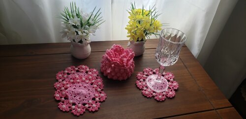 Cestinha Cobre Taça e Descanso Taça em crochê (Rosa)
