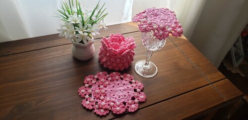 Cestinha Cobre Taça e Descanso Taça em crochê (Rosa)