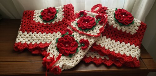 Jogo de Cozinha Crochê 03 peças + Puxa Saco Flores Vermelhas