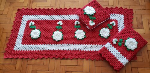 Jogo de Cozinha Crochê 03 peças com Flores Brancas