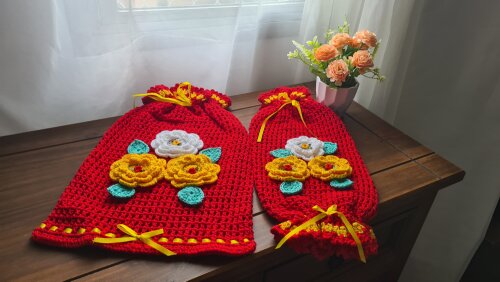 Puxa Saco + Porta Pão em Crochê Vermelho e Amarelo
