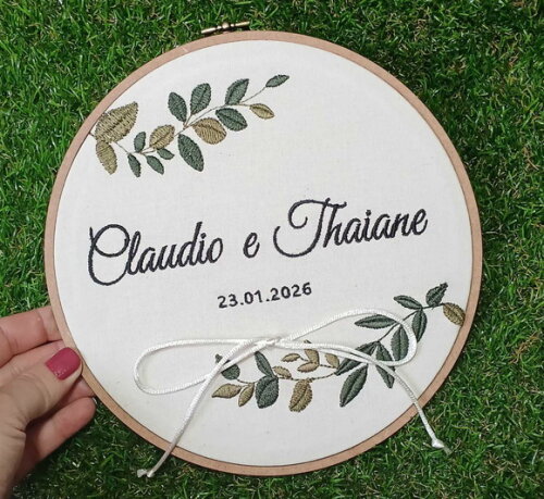 Porta Alianças Bordado - Folhas Verdes Musgo/ Escuro