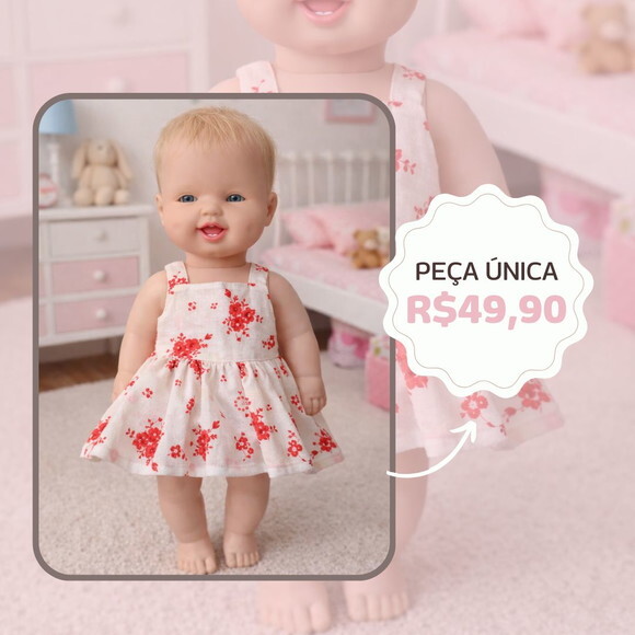 Vestido Floral para Boneca 32 cm em Tricoline com Velcro
