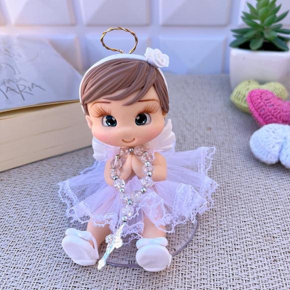 Anjinha com Terço Topo de Bolo em Biscuit ? Personalizada