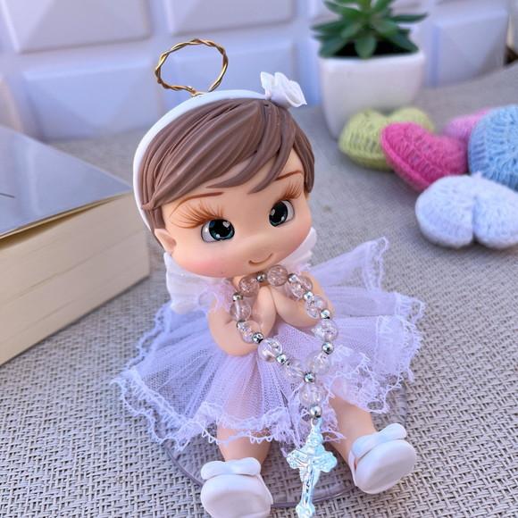 Anjinha com Terço Topo de Bolo em Biscuit ? Personalizada