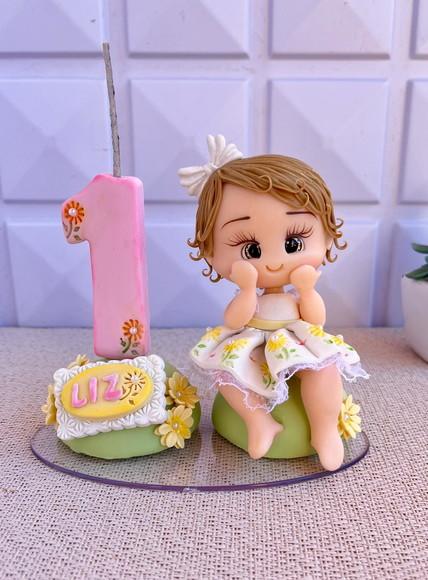 Topo de Bolo 1 Ano Personalizado Menina Margaridas Girassol