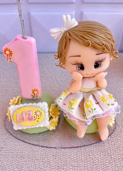 Topo de Bolo 1 Ano Personalizado Menina Margaridas Girassol