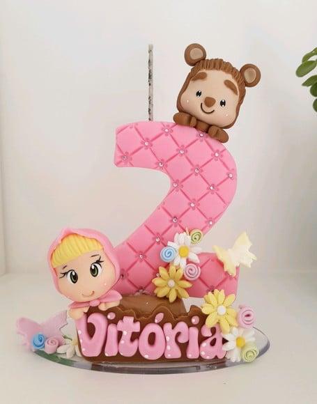 Topo de Bolo Menina e Urso em Biscuit
