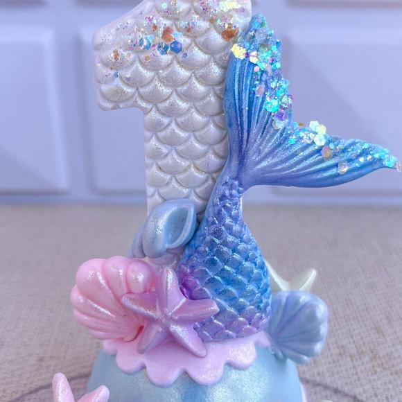 Topo de Bolo Vela Sereia Personalizada em Biscuit