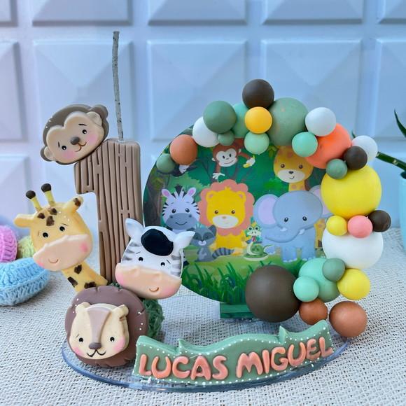 Vela de Aniversário Safari em Biscuit com Nome e Idade