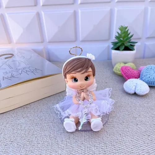 Anjinha com Terço Topo de Bolo em Biscuit ? Personalizada