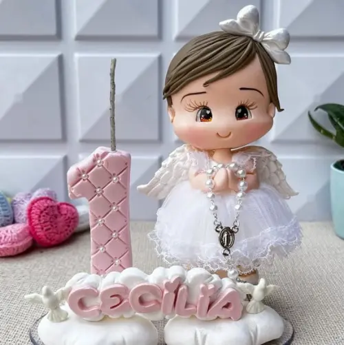 Topo Batizado e 1 Ano Personalizado Anjinha no Biscuit