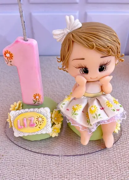 Topo de Bolo 1 Ano Personalizado Menina Margaridas Girassol