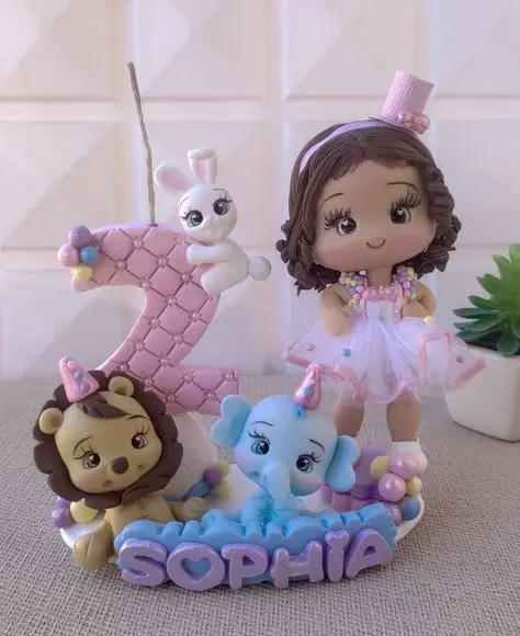 Topo de Bolo Circo Rosa Personalizado em Biscuit